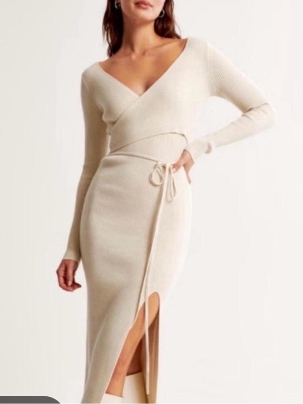 Ribbed Wrap Midi Dress with Side Slit in Cream